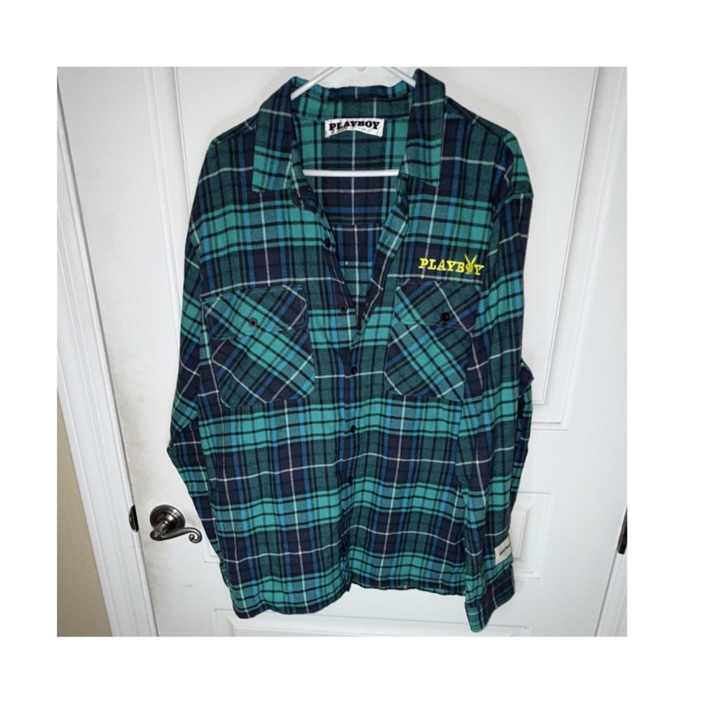 Playboy by PacSun Plaid Flannel Button-Up Shirt XL Blue Green Long Sleeve